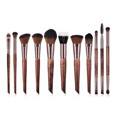 2020 Hot Selling High Quality Brown Double Head Eye Cosmetic Beauty Brushes 11pcs Wood Handle Luxury Makeup Brush Set