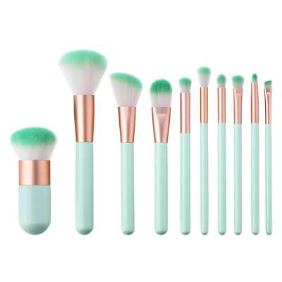 High Quality Beauty Tools Mint Green 10pcs Wooden Handle Professional Cosmetic Makeup Brush Set Custom Logo